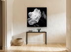 Midnight Peony Bloom floral canvas print on the wall of a hallway