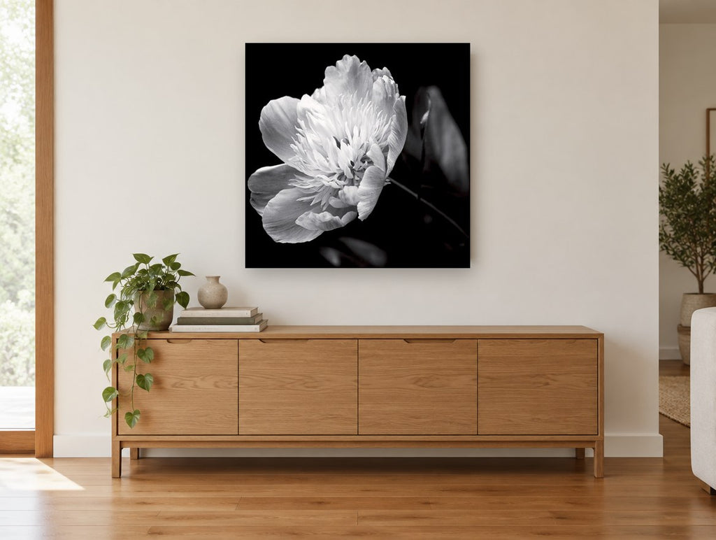 Midnight Peony Bloom floral canvas print on the wall of a living room above a sideboard
