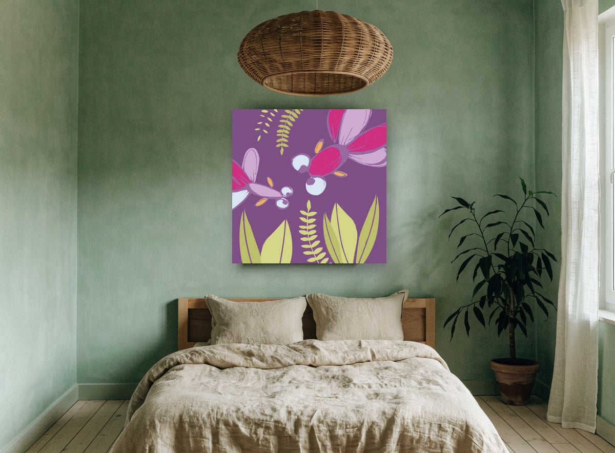 Purple Dragonfly Garden kids canvas print on the wall of a bedroom