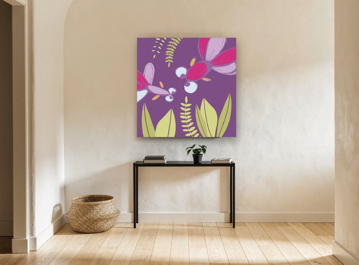Purple Dragonfly Garden kids canvas print on the wall of a hallway