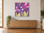 Purple Dragonfly Garden kids canvas print on the wall of a living room above a sideboard