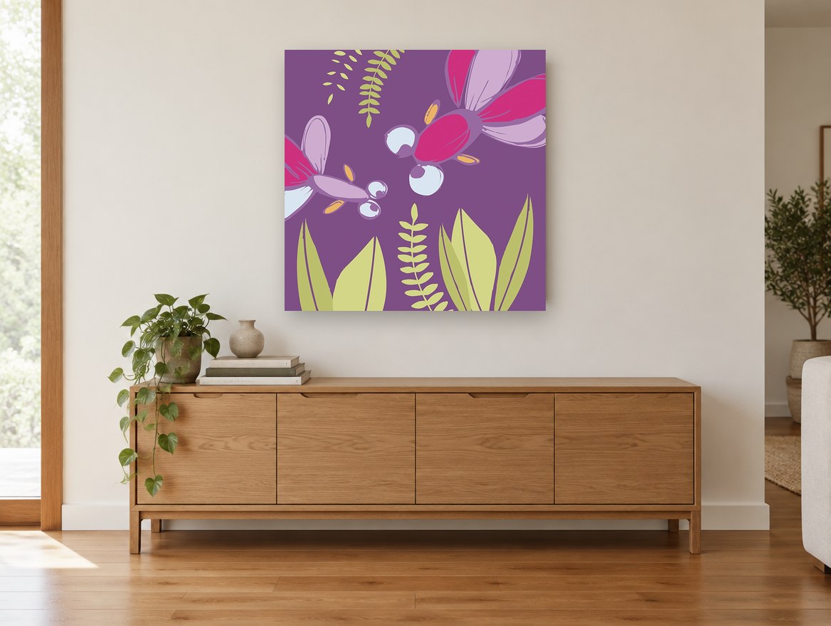 Purple Dragonfly Garden kids canvas print on the wall of a living room above a sideboard