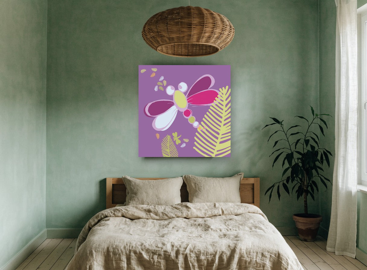 Plum Dragonfly Garden kids canvas print on the wall of a bedroom