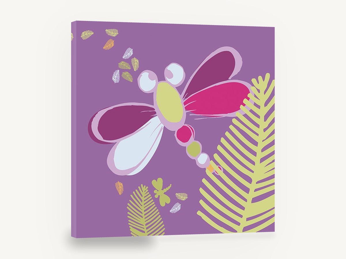 Plum Dragonfly Garden, purple dragonfly kids illustration, kids canvas wall art print ready to hang