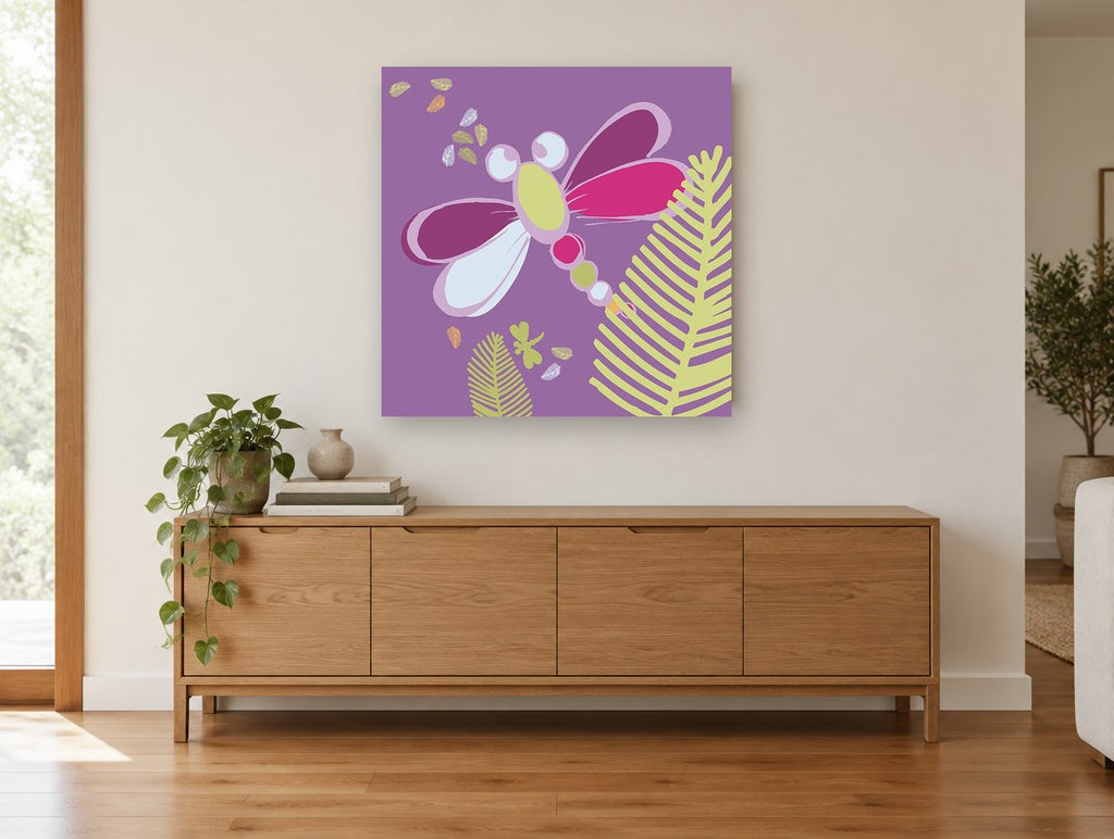 Plum Dragonfly Garden kids canvas print on the wall of a living room above a sideboard