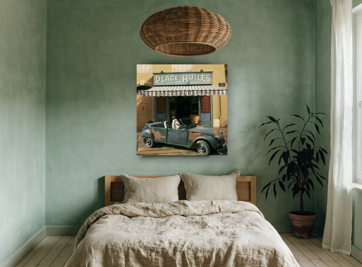 Place aux Huiles vintage canvas print on the wall of a bedroom