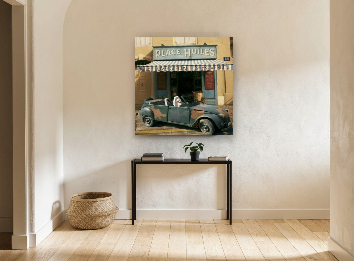 Place aux Huiles vintage canvas print on the wall of a hallway