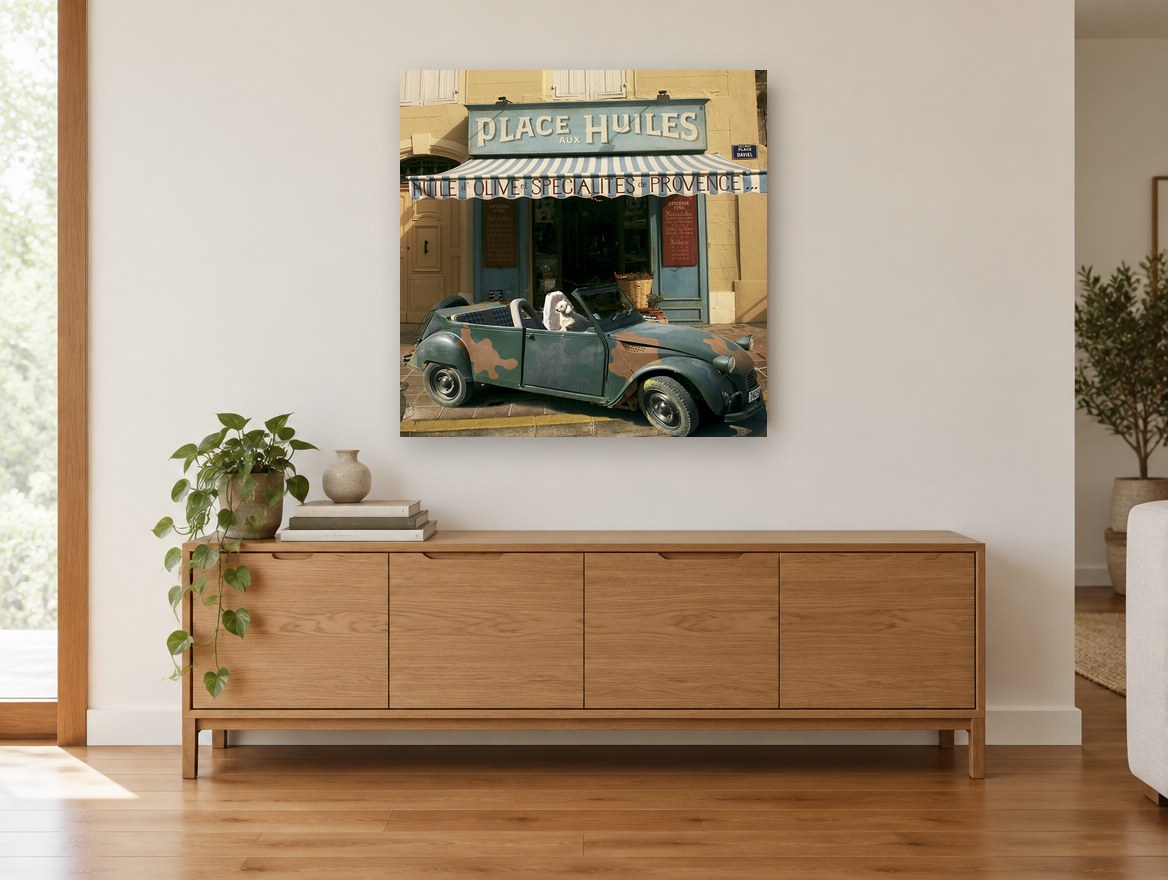 Place aux Huiles vintage canvas print on the wall of a living room above a sideboard