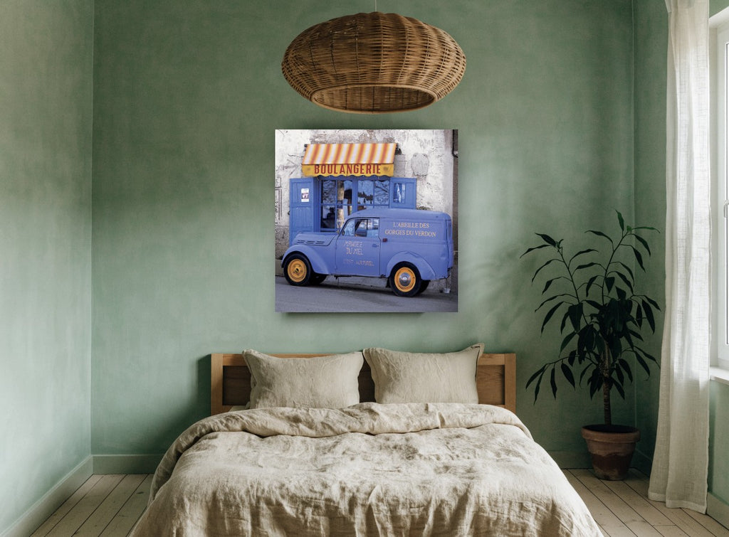 Honey Van Boulangerie vintage canvas print on the wall of a bedroom
