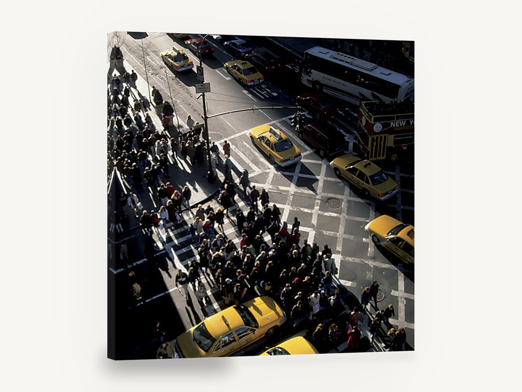 Crosswalk Rush Hour, new york yellow cabs crosswalk photograph, city canvas wall art print ready to hang