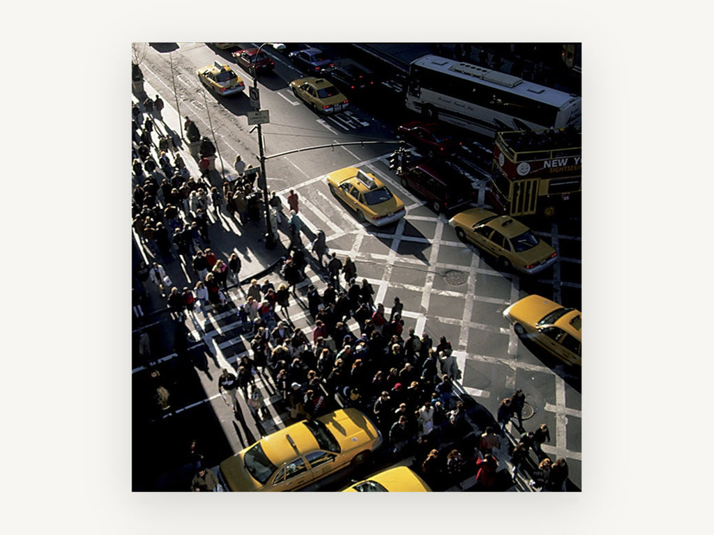 Crosswalk Rush Hour, new york yellow cabs crosswalk photograph, city canvas wall art print, front view