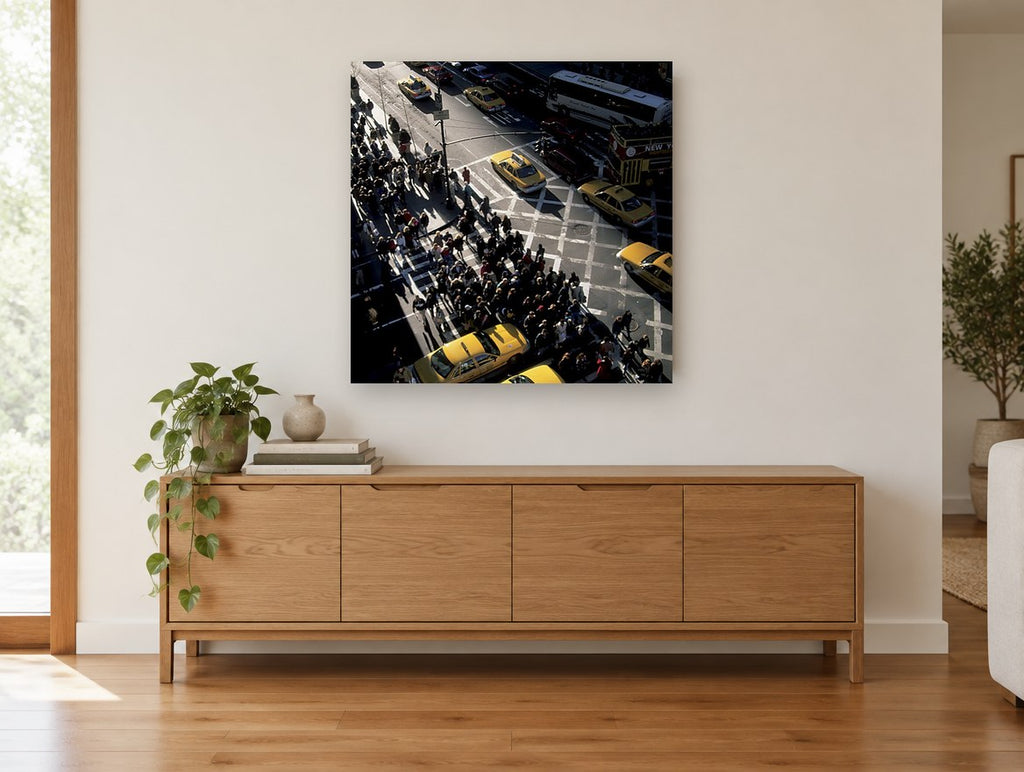 Crosswalk Rush Hour city canvas print on the wall of a living room above a sideboard