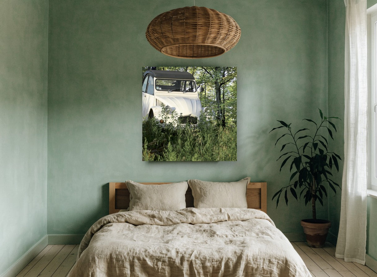 Cream Car in the Grass floral canvas print on the wall of a bedroom