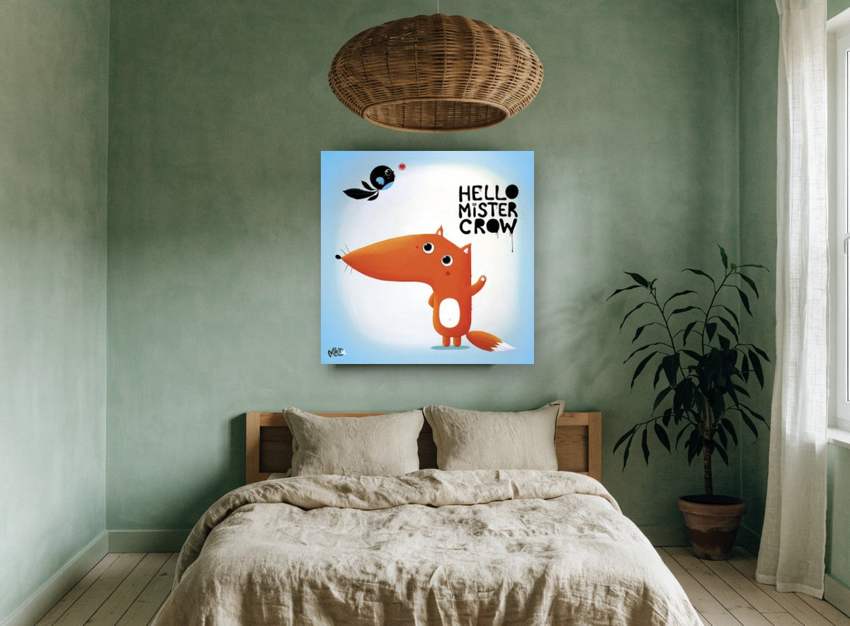 Fox Says Hello animal canvas print on the wall of a bedroom