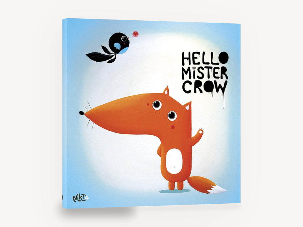 Fox Says Hello, cartoon fox and crow illustration, animal canvas wall art print ready to hang
