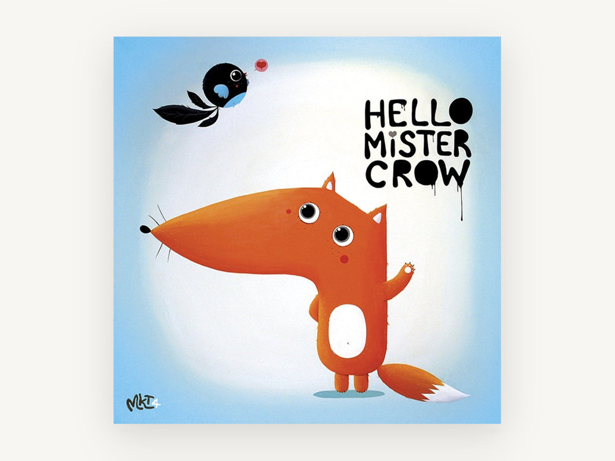 Fox Says Hello, cartoon fox and crow illustration, animal canvas wall art print, front view