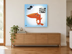 Fox Says Hello animal canvas print on the wall of a living room above a sideboard