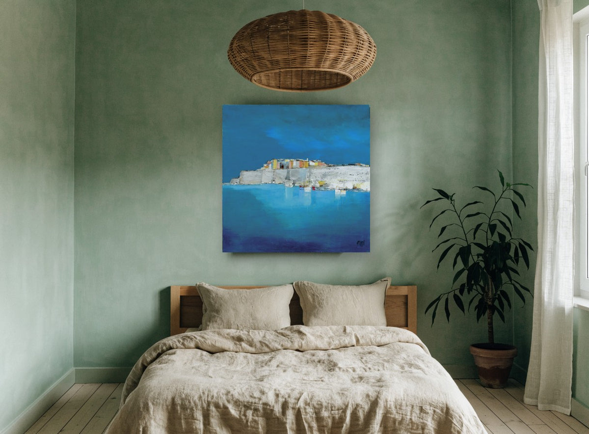 Harbour Under Blue coastal canvas print on the wall of a bedroom
