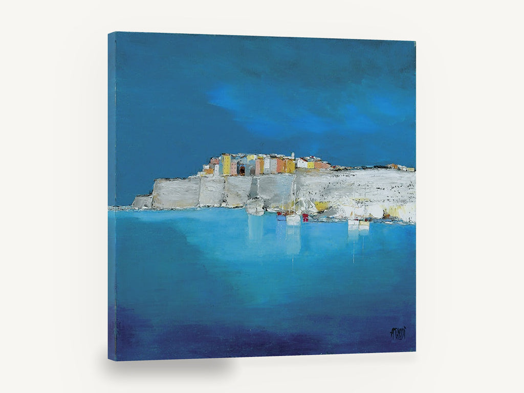 Harbour Under Blue, coastal town harbour seascape painting, coastal canvas wall art print ready to hang