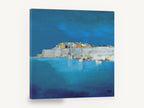 Harbour Under Blue, coastal town harbour seascape painting, coastal canvas wall art print ready to hang