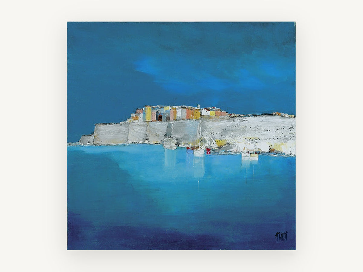Harbour Under Blue, coastal canvas wall art print, front view