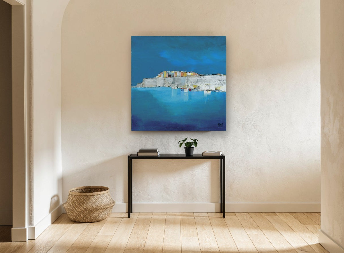 Harbour Under Blue coastal canvas print on the wall of a hallway