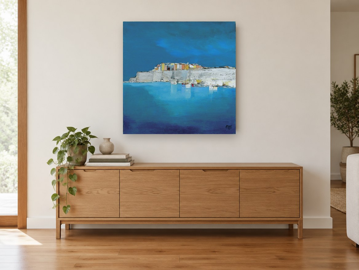 Harbour Under Blue coastal canvas print on the wall of a living room above a sideboard