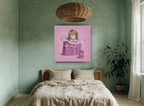 Kitten in the Gift Bag animal canvas print on the wall of a bedroom