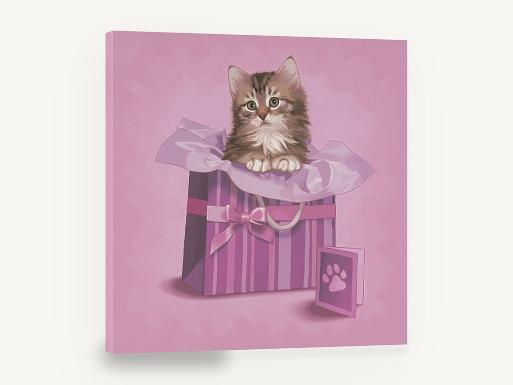 Kitten in the Gift Bag, kitten in pink gift bag illustration, animal canvas wall art print ready to hang
