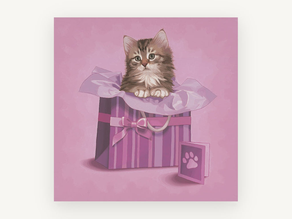 Kitten in the Gift Bag, kitten in pink gift bag illustration, animal canvas wall art print, front view