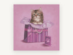 Kitten in the Gift Bag, kitten in pink gift bag illustration, animal canvas wall art print, front view