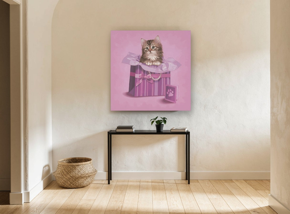 Kitten in the Gift Bag animal canvas print on the wall of a hallway