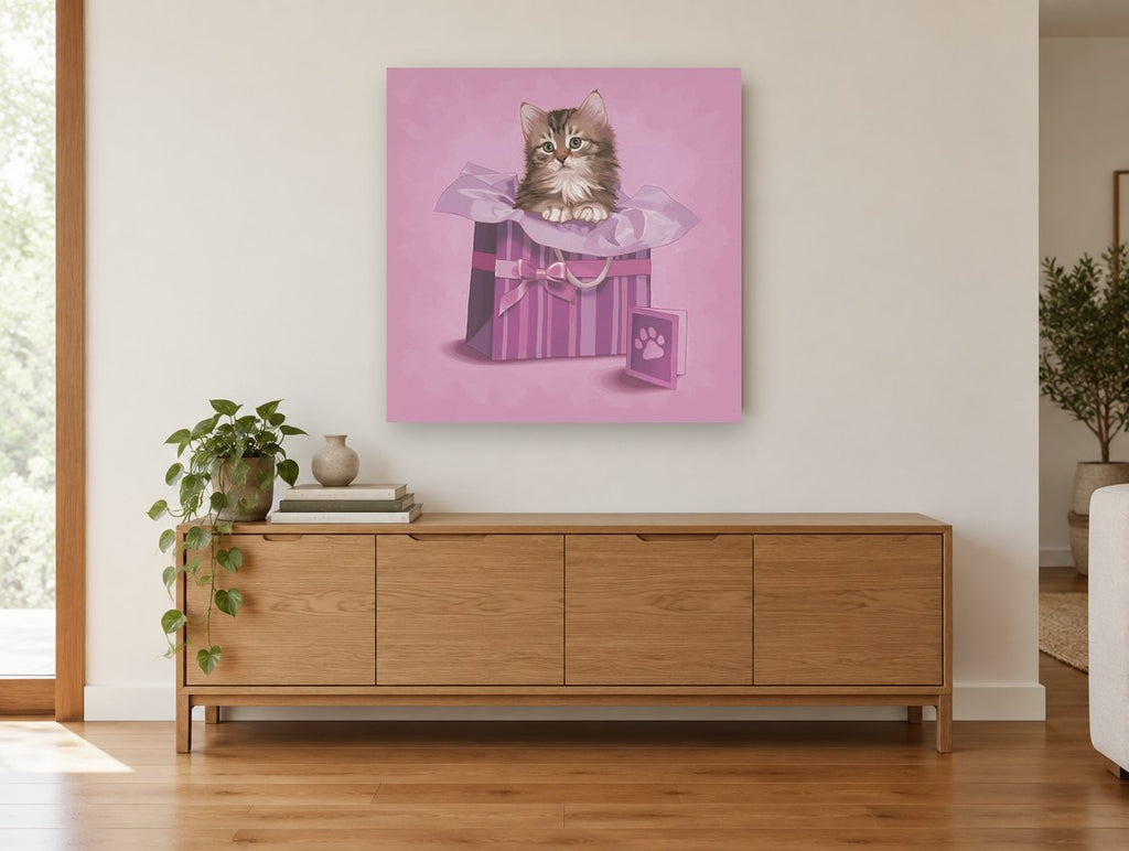 Kitten in the Gift Bag animal canvas print on the wall of a living room above a sideboard