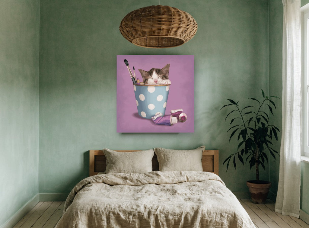 Kitten in Polka Dot Pot animal canvas print on the wall of a bedroom