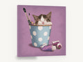 Kitten in Polka Dot Pot, sleeping kitten illustration, animal canvas wall art print ready to hang