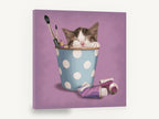 Kitten in Polka Dot Pot, sleeping kitten illustration, animal canvas wall art print ready to hang