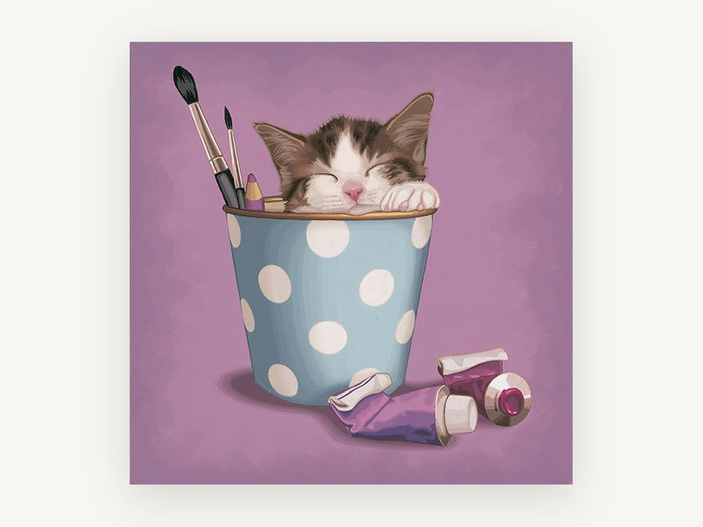 Kitten in Polka Dot Pot, sleeping kitten illustration, animal canvas wall art print, front view