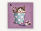 Kitten in Polka Dot Pot, sleeping kitten illustration, animal canvas wall art print, front view