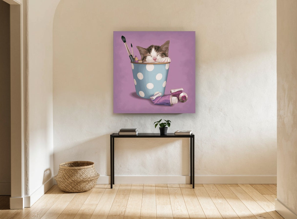 Kitten in Polka Dot Pot animal canvas print on the wall of a hallway