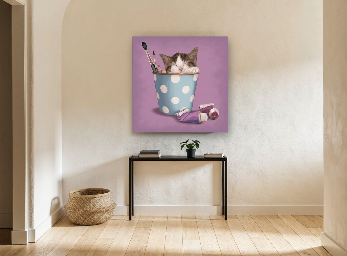 Kitten in Polka Dot Pot animal canvas print on the wall of a hallway