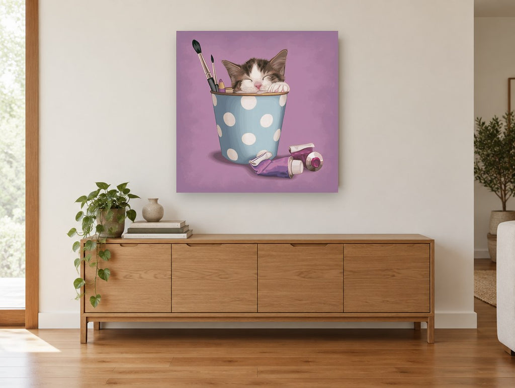 Kitten in Polka Dot Pot animal canvas print on the wall of a living room above a sideboard
