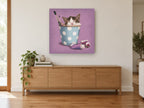 Kitten in Polka Dot Pot animal canvas print on the wall of a living room above a sideboard