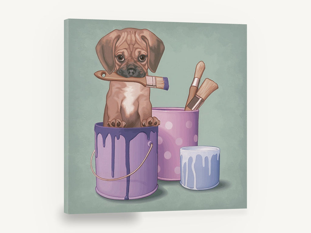 Paint Tin Pup, puppy in paint tin illustration, animal canvas wall art print ready to hang