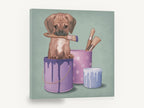 Paint Tin Pup, puppy in paint tin illustration, animal canvas wall art print ready to hang