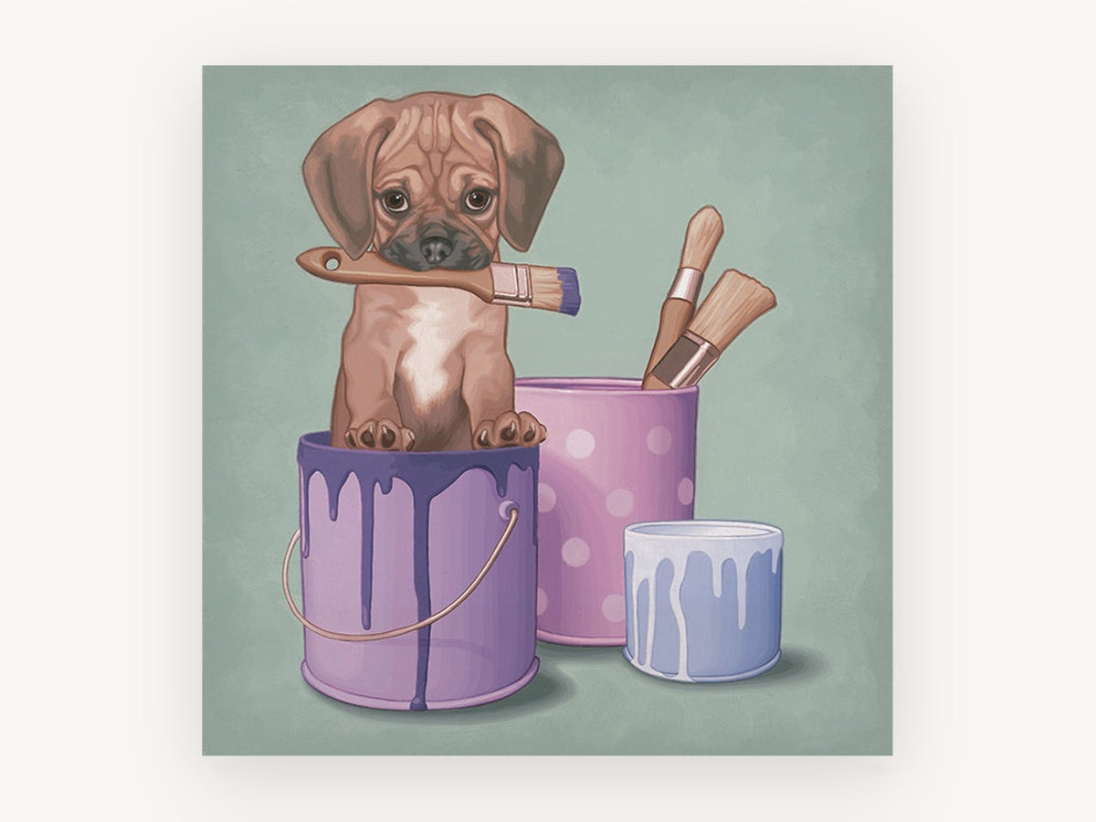 Paint Tin Pup, puppy in paint tin illustration, animal canvas wall art print, front view