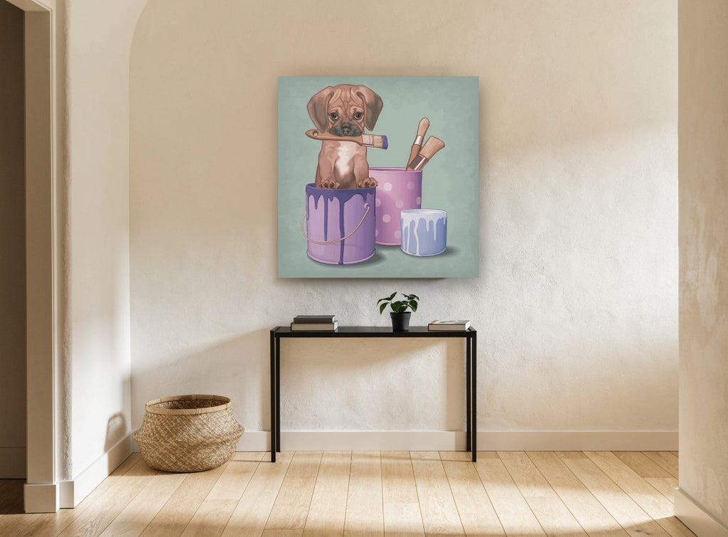 Paint Tin Pup animal canvas print on the wall of a hallway