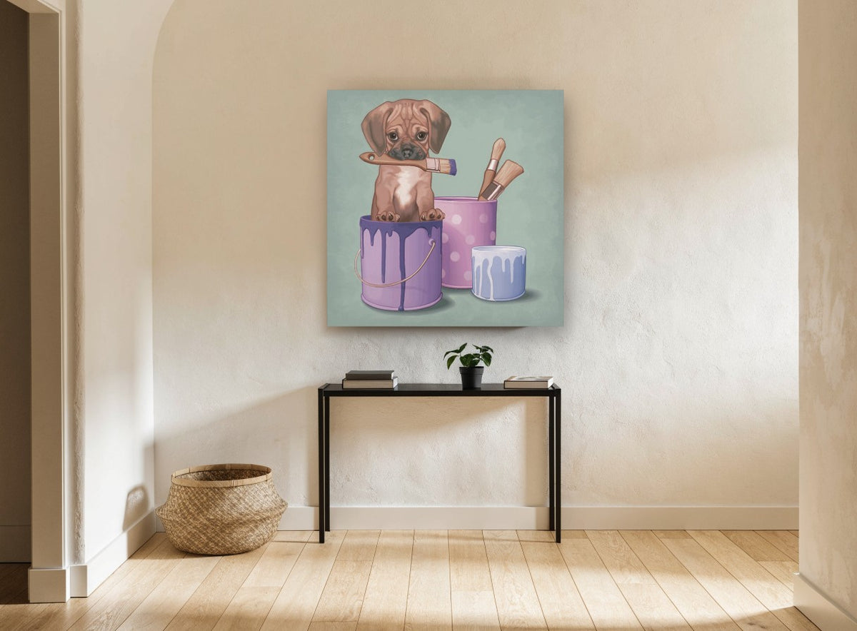 Paint Tin Pup animal canvas print on the wall of a hallway