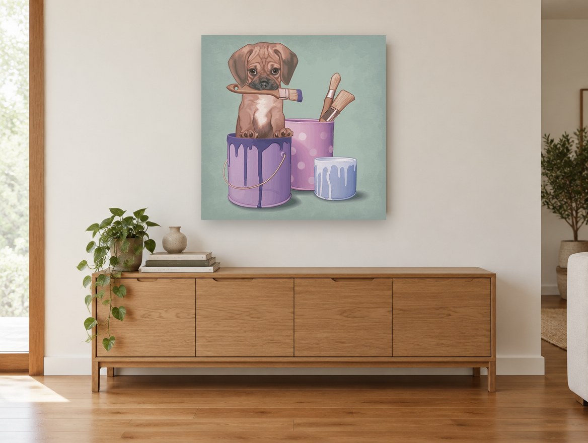 Paint Tin Pup animal canvas print on the wall of a living room above a sideboard