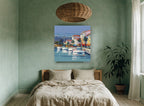 Harbour Palms Moorings coastal canvas print on the wall of a bedroom