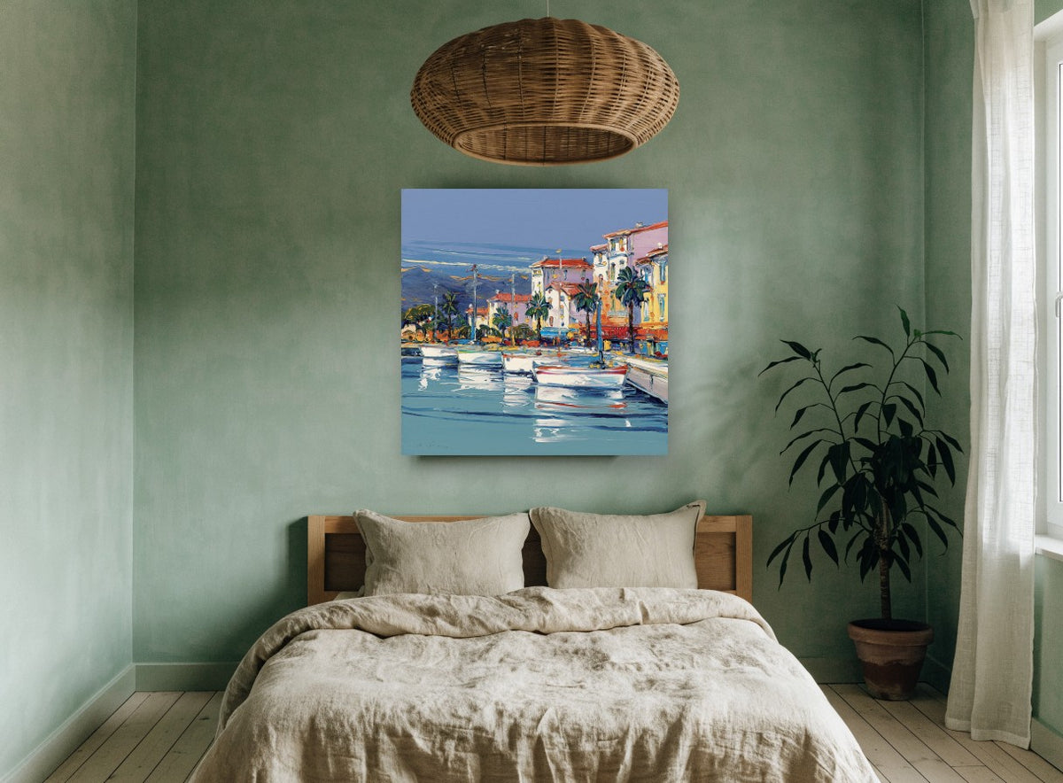 Harbour Palms Moorings coastal canvas print on the wall of a bedroom